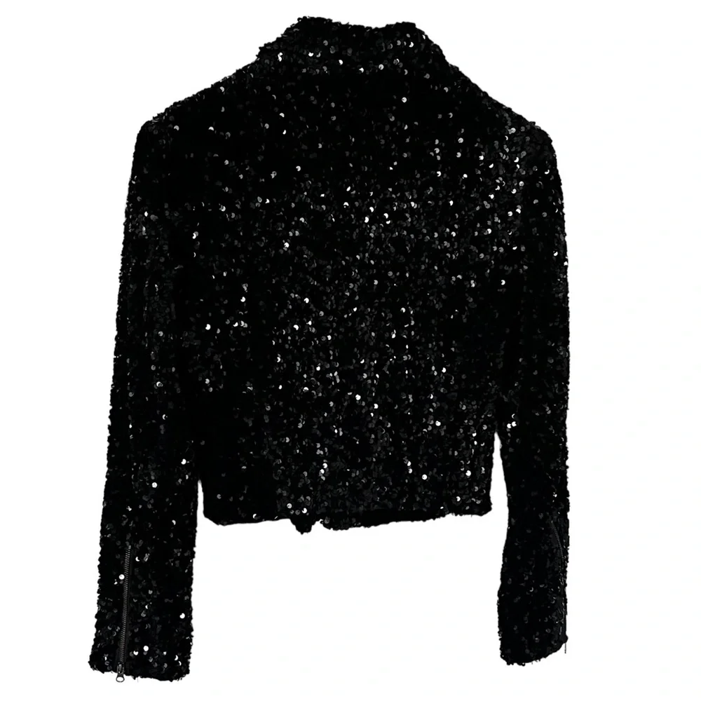 Maeve from Anthropologie Black Sequin Cropped Moto Jacket - Picture 4 of 12